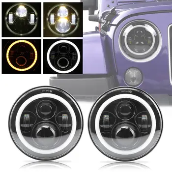 

for Jeep 7'' LED Black Headlight Set With White Halo Angel Eye Ring DRL & Amber Turn Signal Lights REPLACES Any 7'' Headlight