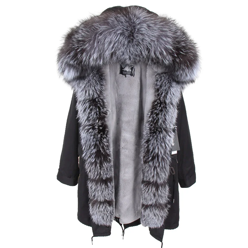 

2019 High quality fashion outwear Winter Jacket Women Real Fur Coat Natural Fur Collar Hooded faux Fur Liner sliver Long Parka