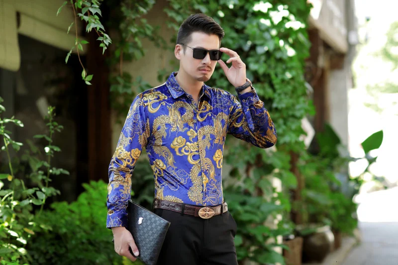 Рубашка с цветочным принтом дракона для мужчин Camisa Social Masculina De Luxo рубашка мужская с длинным рукавом бархатная рубашка мужская сорочка Homme