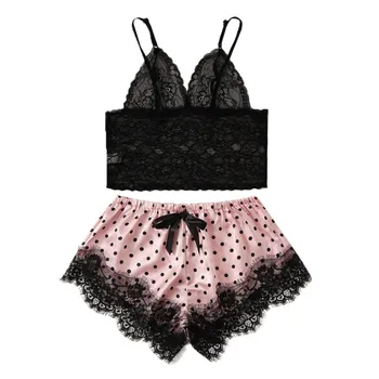 

Women Summer Casual Sleepwear Fashion Sets Lace Patchwork Sleeveless Camis Sexy Short Pants Bow