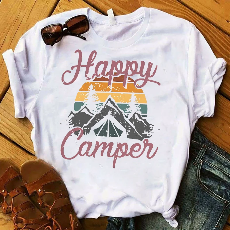 

Fashion Happy Camper t shirt women Mountain Printed travel T Womens Graphic Top Tshirt Tee Shirt Femme hiker lover gift shirt