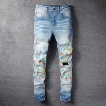 

Street Style Fashion Men Jeans Light Blue Elastic Slim Fit Destroyed Ripped Jeans Men Splashed Designer Hip Hop Hole Denim Pants