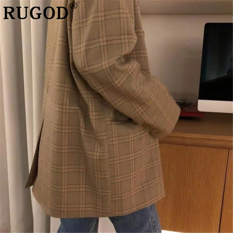 RUGOD корейский офисный Женский блейзер, куртка, модный клетчатый костюм с длинными рукавами, пальто, женская Повседневная двубортная женская одежда auturm