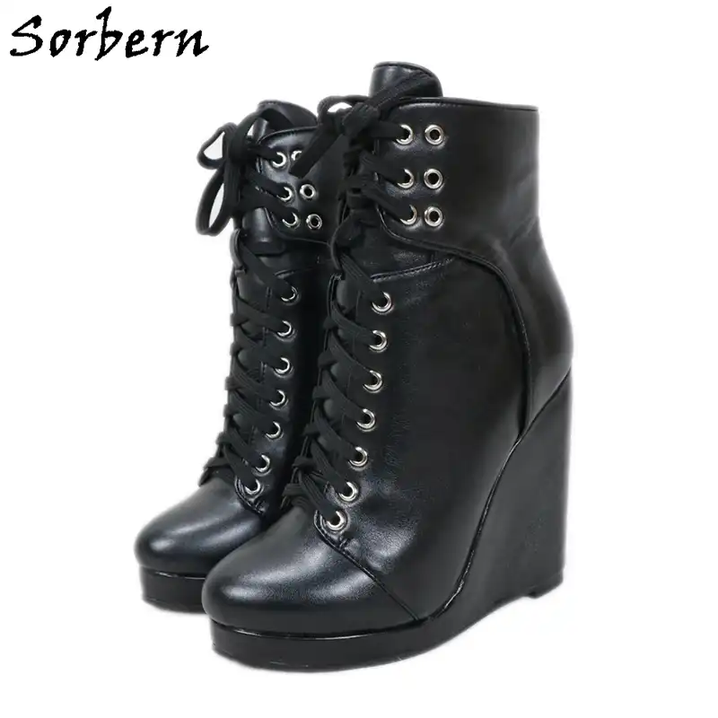 lace up black wedge booties