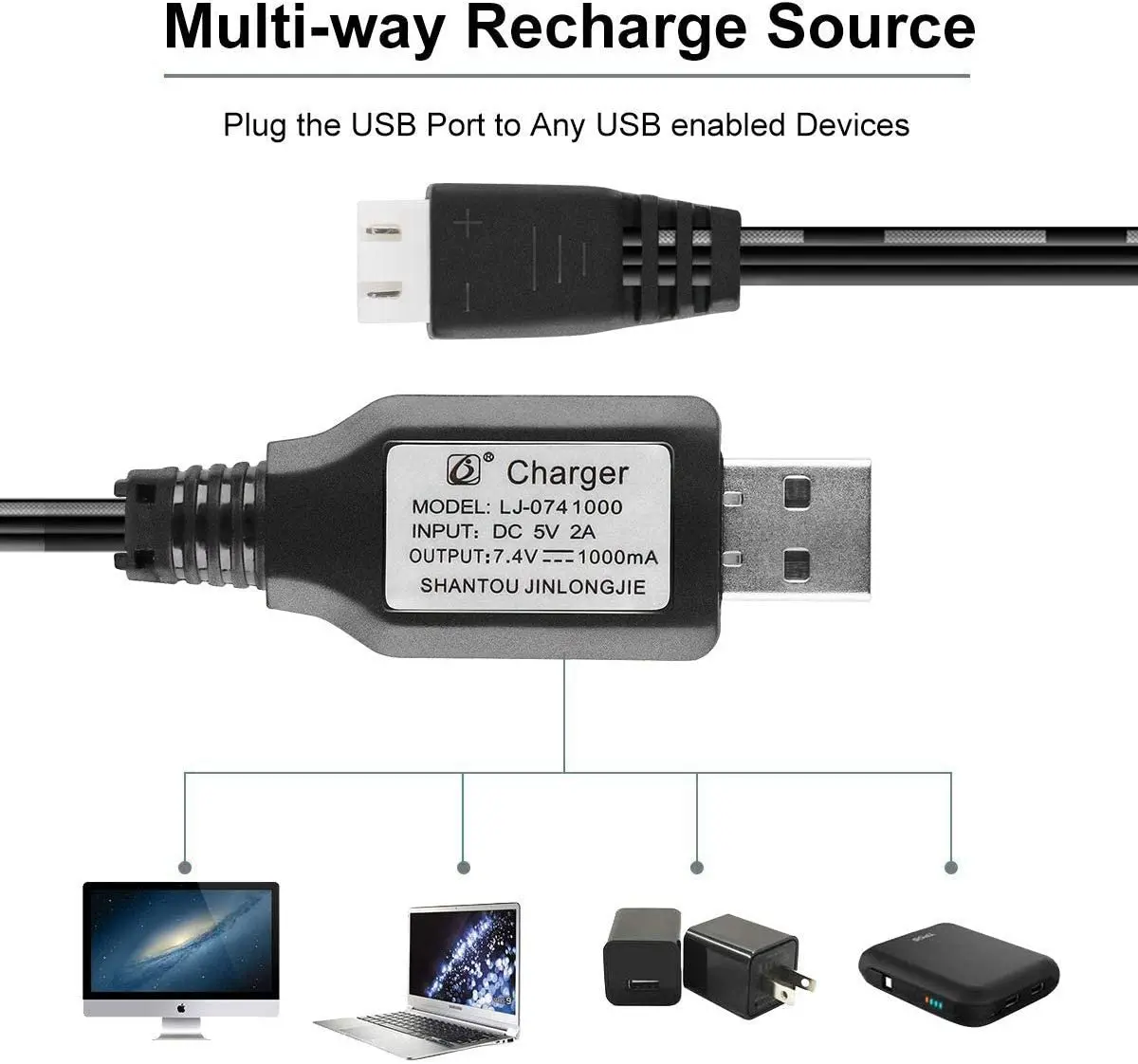 Câble XH-3P 63cm du chargeur multiport USB pour batterie Lipo 7.4V, détail du connecteur.
