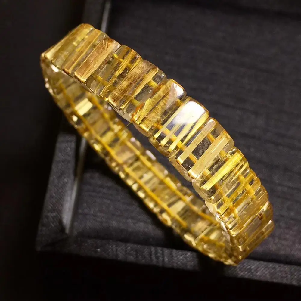 

Top Natural Gold Rutilated Titanium Quartz Bracelet 11x5mm From Brazil Woman Man Rectangle Crystal Beads Bangle Certificate