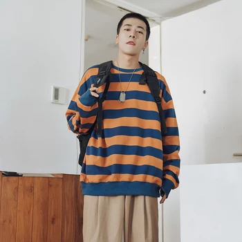 

Autumn New Striped Hoodies Men's Fashion Contrast Color Casual Sweatshirt Man Streetwear Wild Hip Hop Loose Hoodie Men Hoody