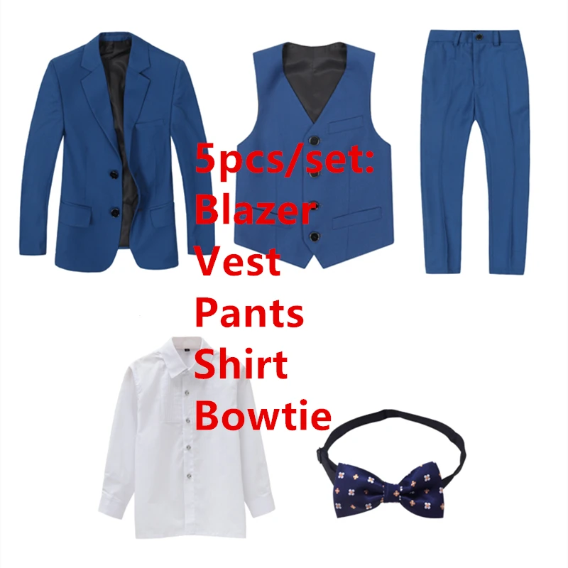 От 3 до 16 лет комплект с блейзером для мальчиков, Детский пиджак, жилет, брюки, Свадебный костюм, детский смокинг, комплект одежды - Цвет: blue 5pcs
