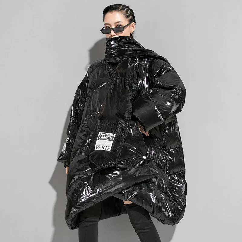 Winter Plus Size Women Parkas Silver Black Long Sleeve Loose PU Jacket Warm Fashion Coat With Scarf Street Irregular Outerwear