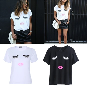 

Casual Summer Women Tops Pullover Short Sleeve O-neck Eyelash Red Lips Print T-shirt