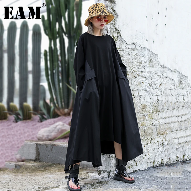 

[EAM] Women Dress New Round Neck Long Sleeve Irregular Personality Loose Fit Oversize Pockets Fashion Spring Autumn 2019 JZ294