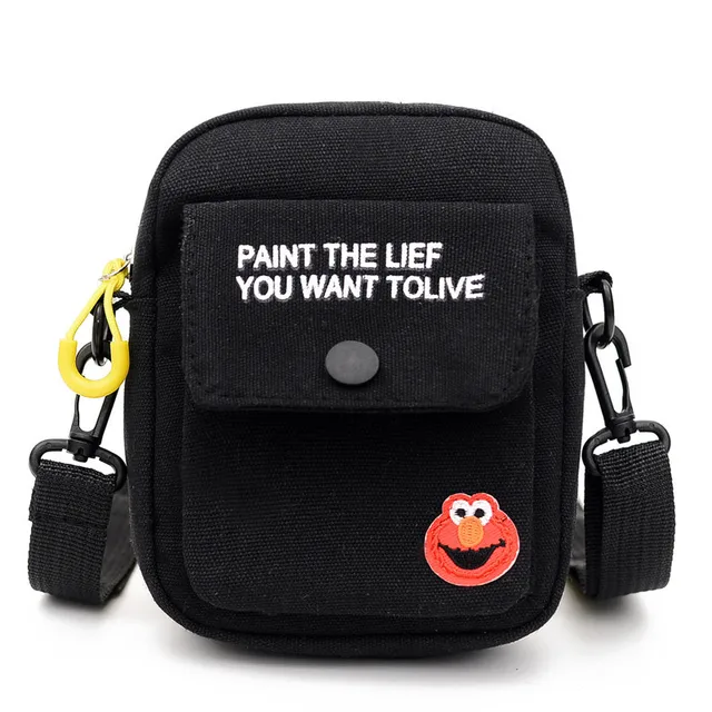 Mini Canvas Bag Women's All-match Shoulder Bag Portable Messenger Coin Purse Cartoon Student Storage Bag Simple Casual A Black