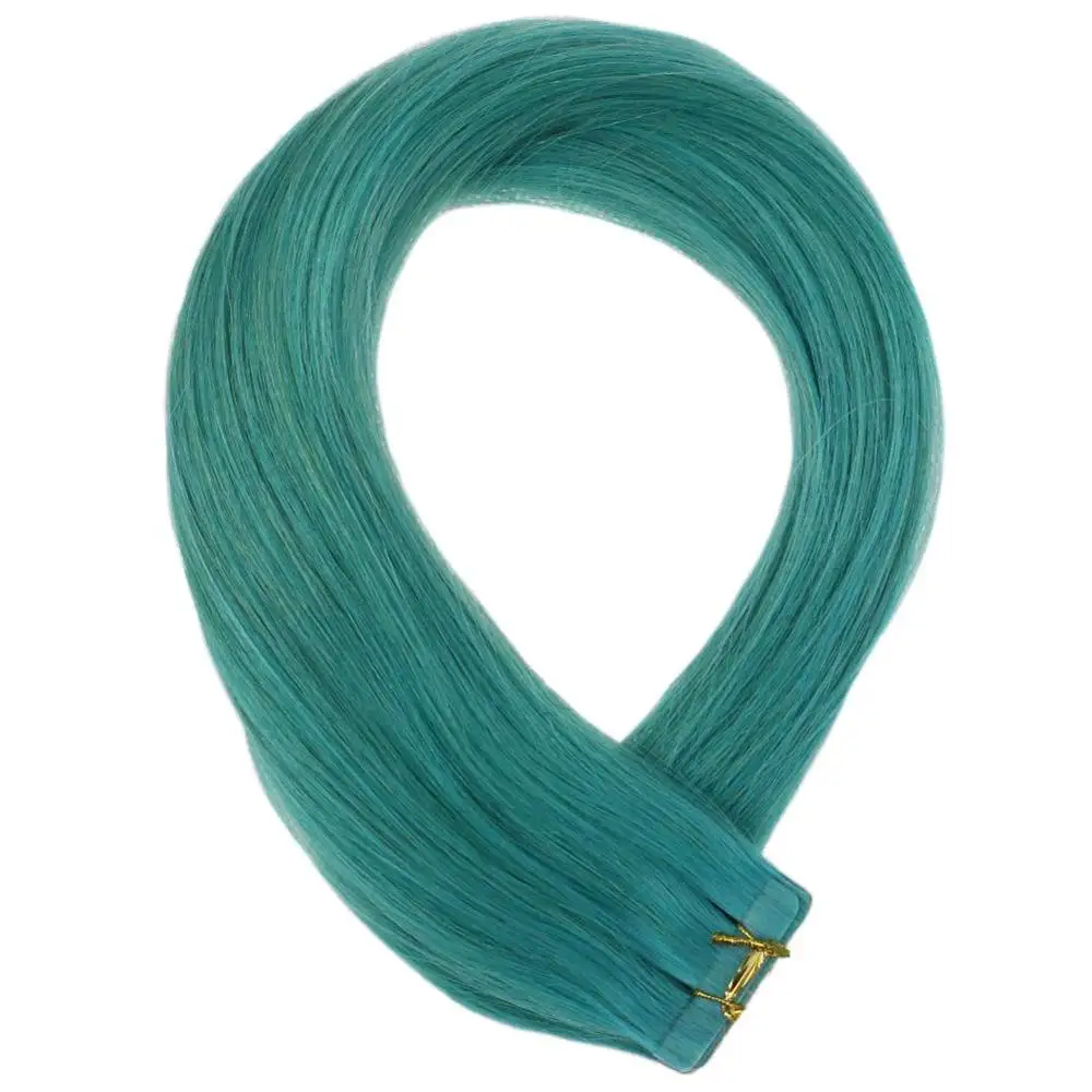 VeSunny Adhesive Tape in Hair Extensions Seamless 100% Real Human Hair Teal Green Machine Made Remy Tape on PU Hair 2.5gr/pc