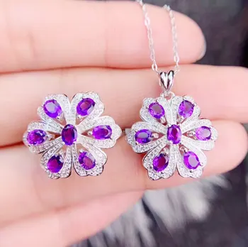 

Per jewelry Natural amethyst flower jewelry set Free shipping 1pc ring 1pc pendant 0.2ct*14pcs gems 925 sterling silver S2051111