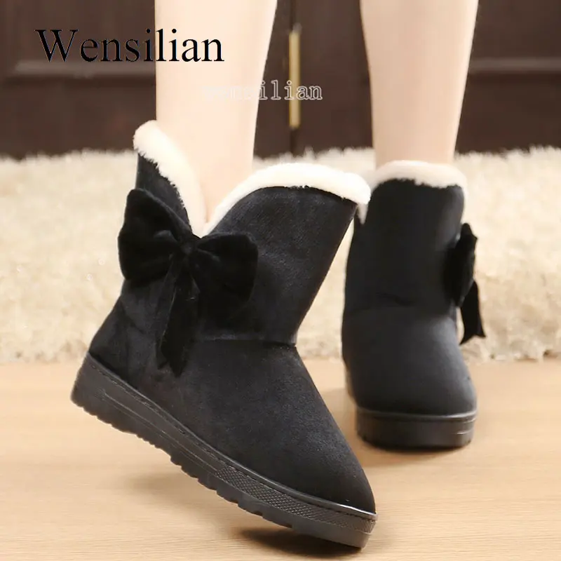 

Winter Shoes Women Ankle Boots BowTie Plush Insole Snow Boots Suede Platform Shoes Flock Butterfly Knot Botines Botas De Mujer
