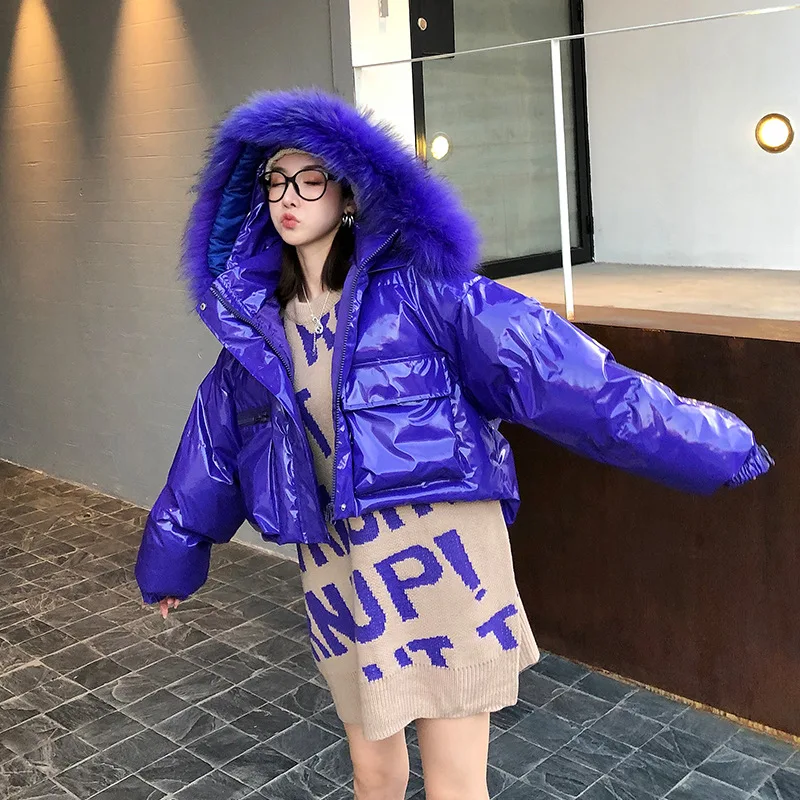 European goods winter new fox fur collar short coat jacket female loose high waist coating bright coat tide