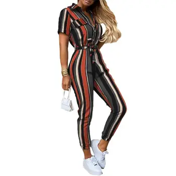 

Office Lady Short Sleeve V Neck Stripes Print Button Belt One-Piece Jumpsuit Fashion Women Stripes Button Jumpsuit with Belt