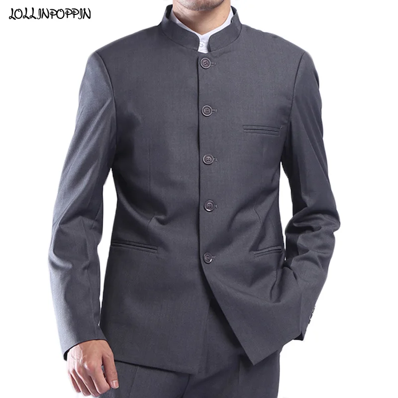 

Men Gray Tunic Suit Jacket Mandarin Stand Collar Single Breasted Traditional Chinese Style Grey Coat Male Outerwear