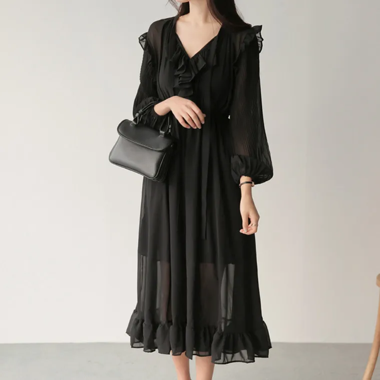 

2019 new ruffled chiffon dress women Fashion simple solid color comfortable casual dress