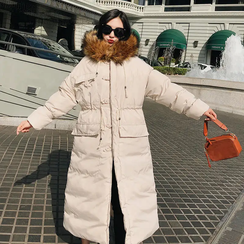 Новое супер длинное пальто размера плюс, женская зимняя куртка с капюшоном, с регулируемой талией, хлопковое зимнее пальто, парки, теплые куртки C5995