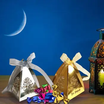 

50Pcs Muslim Ramadan Festival Candy Container Openwork Candy Box Golden Silver Black Chocolate Storage Box Islamic