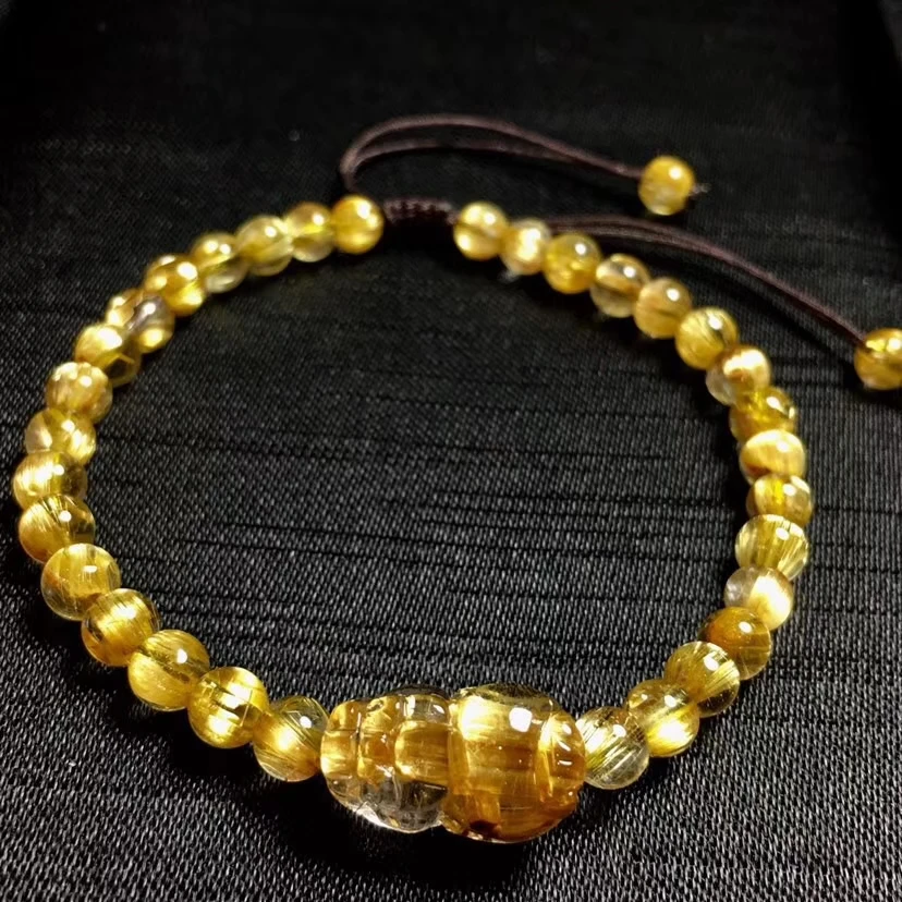

Natural Brazil Gold Rutilated Titanium Quartz Bracelet 15x9x8mm Woman Man Wealthy 5mm Clear Round Beads Crystal AAAAAA Jewelry