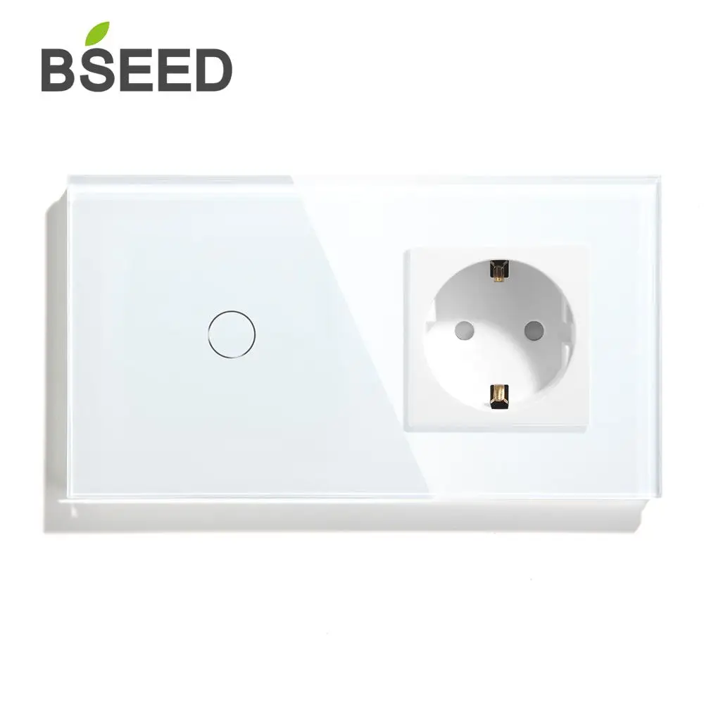 White Wall Socket Сенсорный выключатель BSEED, 1 комплект, 1 способ, 2 способа, стандарт ЕС, настенный выключатель, розетка с 3 цветами, кристальная стеклянная панель, сенсорный переключатель - Тип: White Wall Socket
