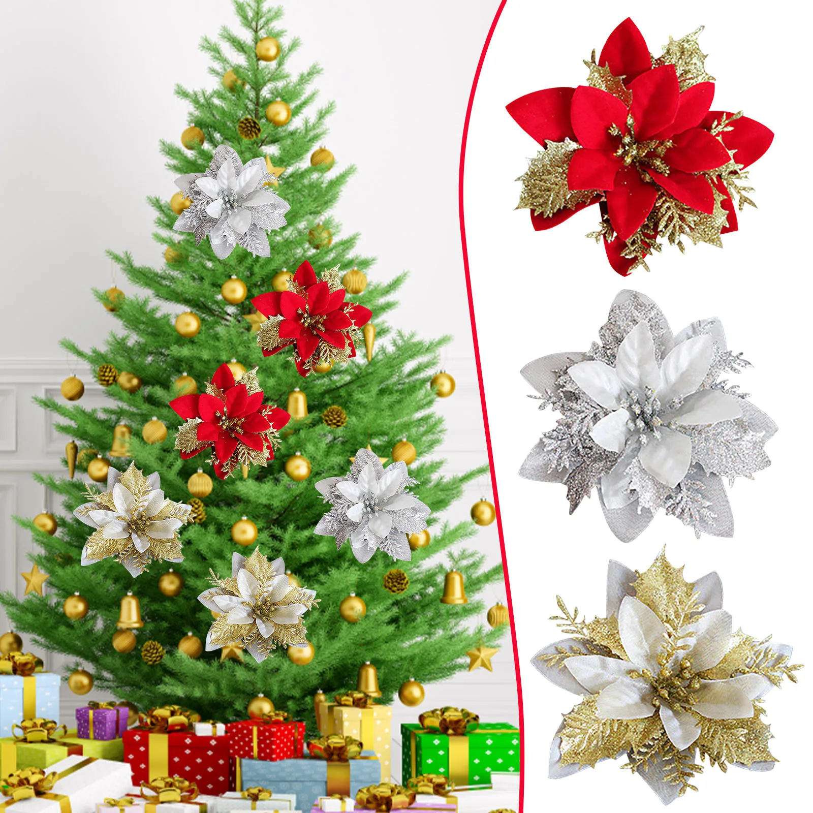 10pc Glitter Artificial Flowers Merry Christmas Decorations 2022 Wedding Party Decor Xmas Simulation Flower Ornaments New Year | Дом и сад