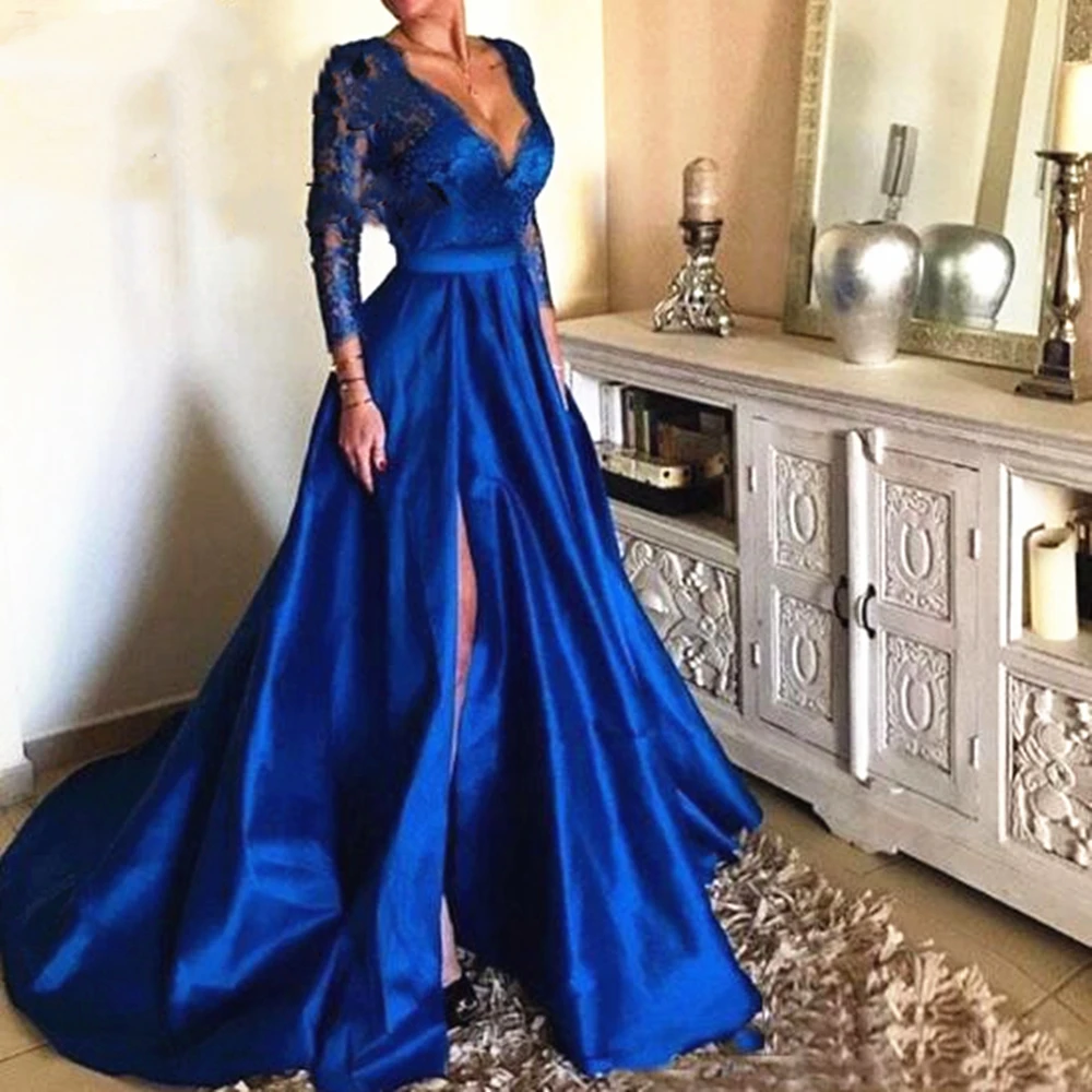 Королевское синее платье для выпускного вечера, длинный рукав, v-образный вырез, кружевной топ, сатиновая юбка, высокий разрез, ТРАПЕЦИЕВИДНОЕ женское вечернее платье на заказ