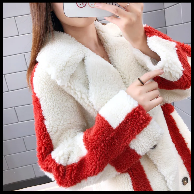 Granules Sheep Shearing Coat Female Winter Fashion new Long Color Matching Compound Fur One Imitation Wool Fur Coat Tide