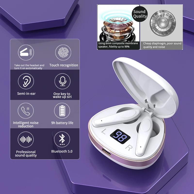 Hifi Lady Wireless Headphone Charging Box Earphones Bluetooth 5.0  Mini 9D Girls Stereo Earbuds Headsets With Microphone