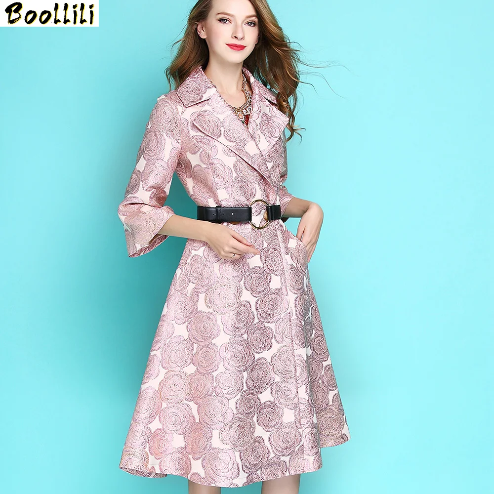 

Boollili Vintage Autumn Winter Trench Coat Women Fashion Long Trench Dobby Embroidery Women's Windbreaker Outerwear