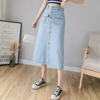 

Retro Front Buttons Up Split Denim Midi Skirt For Women High Waist A Line Denim Skirt Ladies Summer Pockets Curvy Jeans Skirt