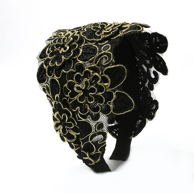 Женская Вышивка в этническом стиле, очень широкая головная повязка, цветная кружевная головная повязка с широкими полями и сеткой, популярный головной убор - Цвет: black 02