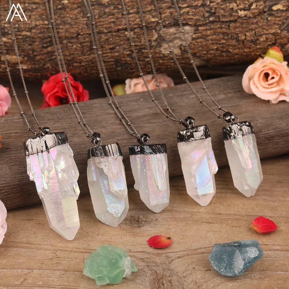 Titanium AB Natural White Quartz Irregular Point Pendant Gold Chains Necklace For Women Quartz Crystal Beads Adjustable Necklace