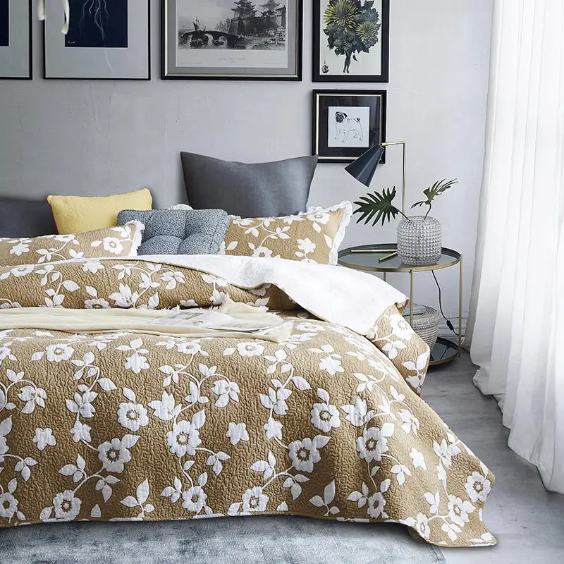 

New 100% cotton Quilting queen king size Bedspread Bed Sheet white flowers Bed Cover Pillowcase Bedding Set