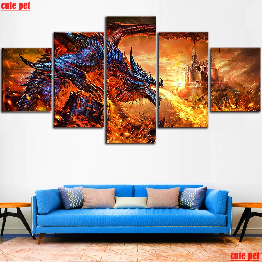 

Mosaic Diamond Painting Fantasy Art Fire Dragon Cross Stitch diamond rhinestone DIY Square Round Drill 5D Embroidery 5 pcs decor