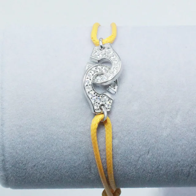 l'argent 925  Jewelry 925 Sterling Silver Handcuffs Bracelet For Men Women With Rope Zircon Silver Pendant Bracelet Menottes Yellow