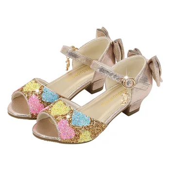 

Girls High Heels Bow Crystal Sequins Princess Shoes 2020 Summer New Children's Sandals Baby Kids Shoes Little Girl Leather Shoes