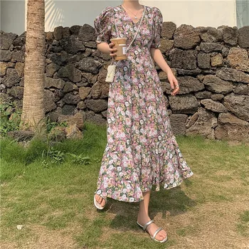 

V-neck Pullover, French Style Small Retro Waist Flower Collection, 2020 Summer New Korean Style Versatile Medium Length Dress