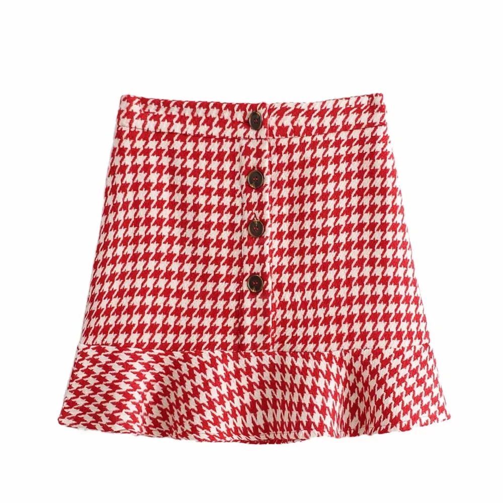 Новые винтажные женские твидовые мини юбки модные женские юбки с пуговицами спереди и оборками юбки с высокой талией для девочек женские jupe femme - Цвет: red plaid