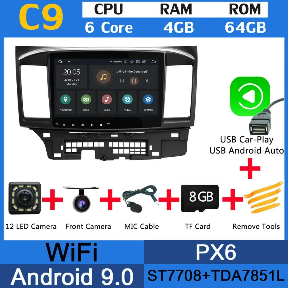 10," PX6 4G+ 64G Android 9,0 автомобильный мультимедийный плеер радио gps навигация для Mitsubishi lancer 2008- DSP CarPlay головное устройство - Цвет: PX6 USB CarPlay