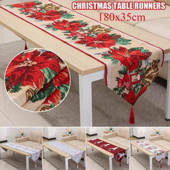 

180*35cm Embroidered Christmas Table Runners Deer Christmas Tree Table Runner Cloth Cover for Home New Year Decoration