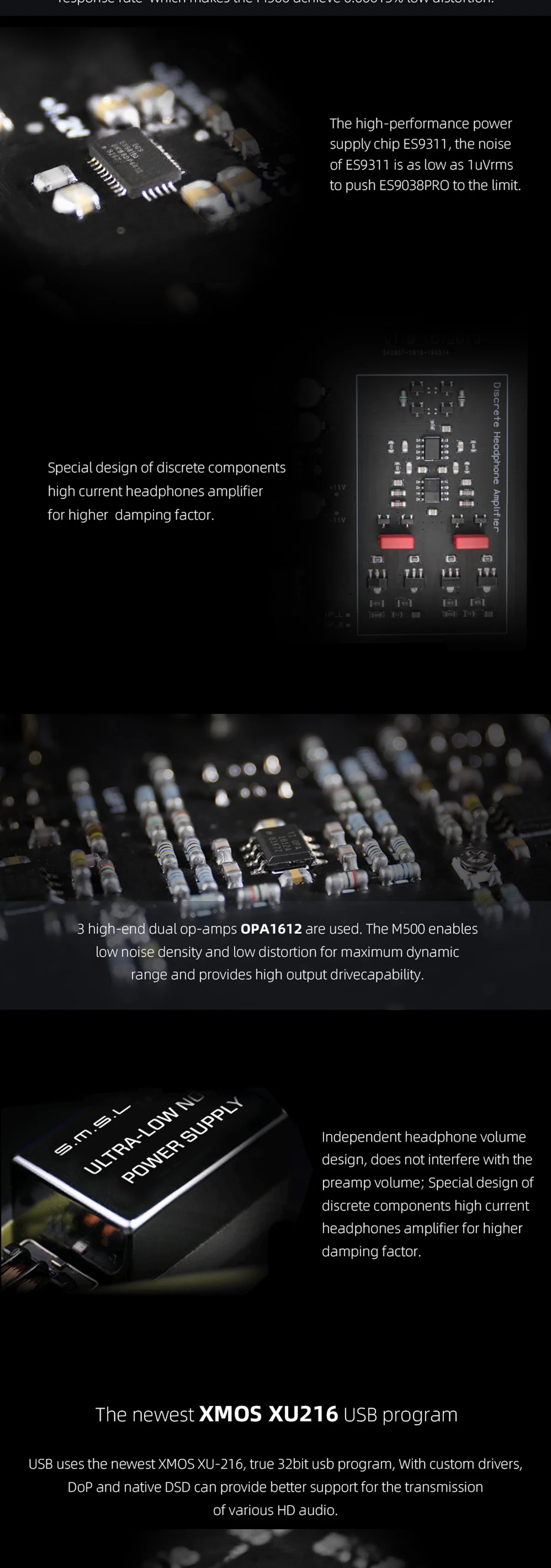 SMSL M500 XMOS XU-216 поддерживает MQA D/A чип ES9038PRO поддерживает DoP и собственный DSD 32 бит/768 кГц и DSD512 с пультом дистанционного управления