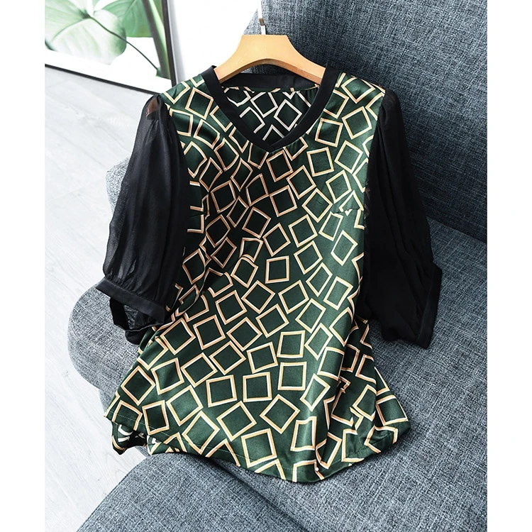 

Summer Female Silk Blouse 90% Natural Silk Tops and Blouses Women elegant V neck Half Sleeve Silk Work office Blusas