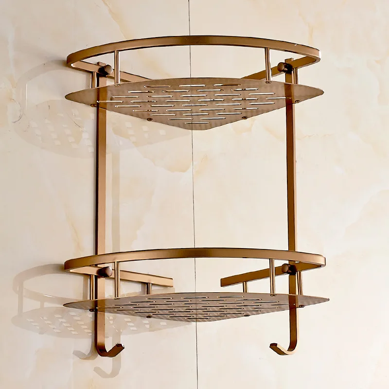 

Greenish Blue Bronze Alumimum Double Layer with Hook Bathroom Rack Vintage Bathroom Sanitary Ware Triangular Storage Shelf Wall