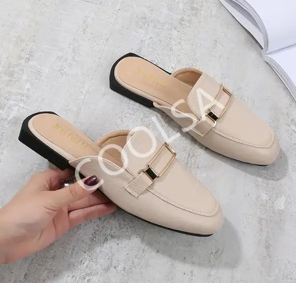 beige COOLSA/женские туфли без задника; модные черные шлепанцы без задника на низком каблуке; женские шлепанцы без задника; женские Вьетнамки; домашняя обувь; сандалии - Цвет: beige