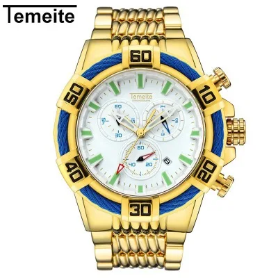 TEMEITE, мужские часы, кварт, хронограф, модные, военные, многофункциональные, с календарем, светящаяся рука, водонепроницаемые, стальная полоса, подарки для мужчин - Цвет: Gold White