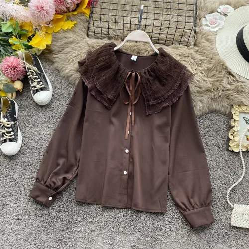 Dark Brown Корейская новая шифоновая рубашка с кружевным воротником и сеткой, Женская однотонная элегантная блуза с длинными рукавами K773 - Цвет: Dark Brown