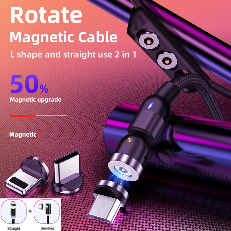 New Updated Magnetic Cable Fast Charging 3A Micro USB Type C Mobile Phone Cable For All Samsung iPhone 360+180 Degree Roating afbeelding